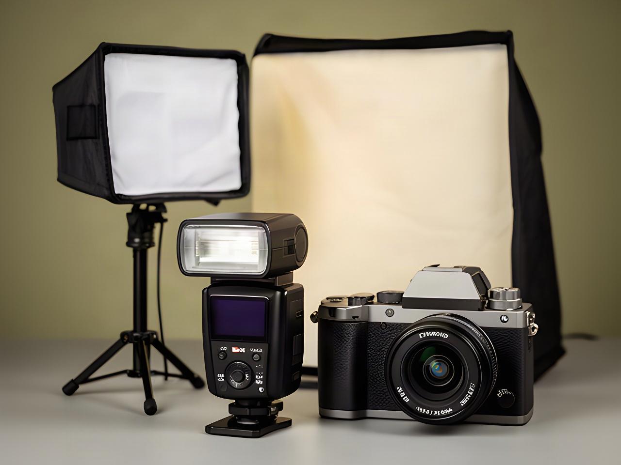 Flash de zapata con softbox plegable y pequeño soporte junto a una cámara para retrato